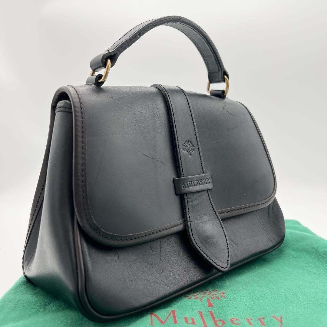 Mulberry Black Leather Box Calf Logo Top Handle Handbag Vintage Formal 66