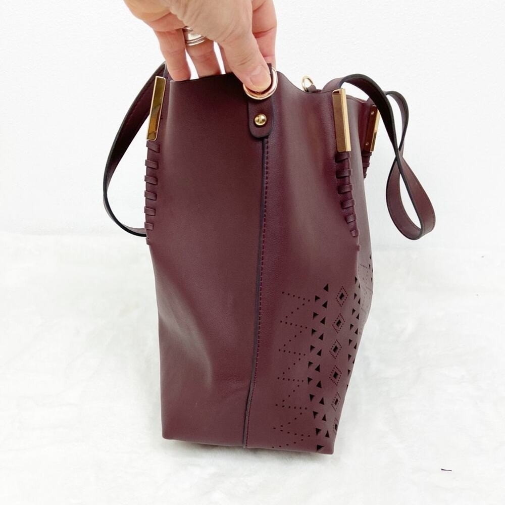 Burgundy Semi‑PU Tote Purse Structured Laser Cut Design Large Shoulder Bag