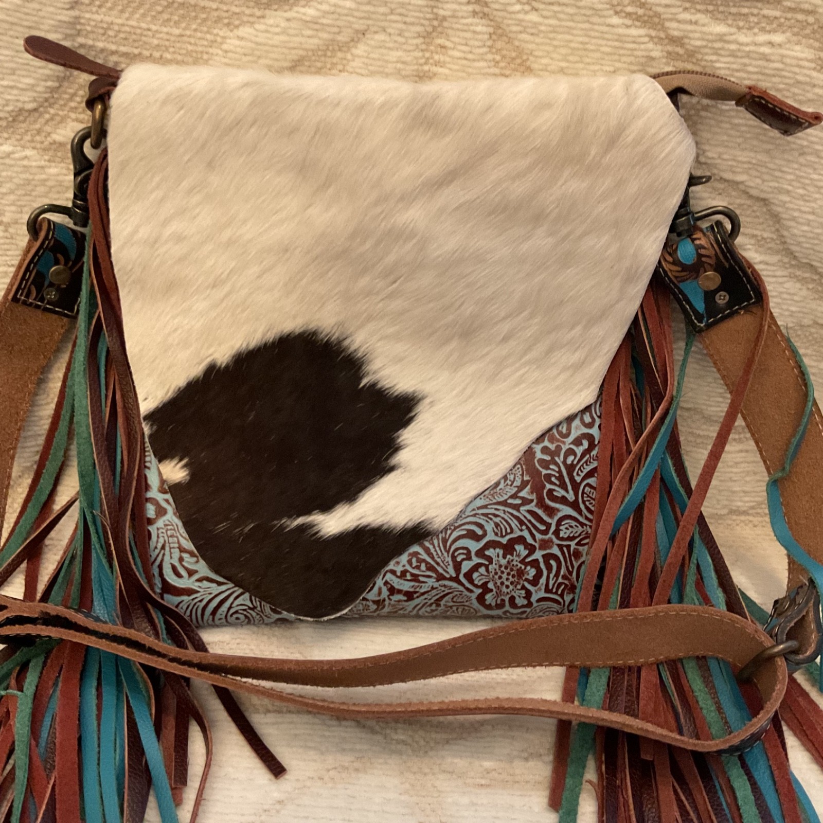 Myra Concealed Carry Leather & Hide Embossed Fringe Western Boho EUC