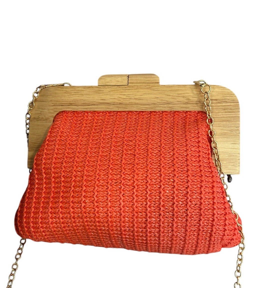 Off Park Collection Small Orange Rattan Crossbody Bag Wood Frame Gold Chain New