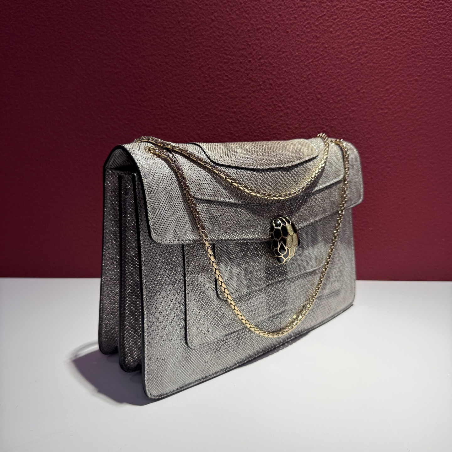 AUTH Bvlgari Serpenti Forever Silver Galuchat Medium Crossbody Bag Gold