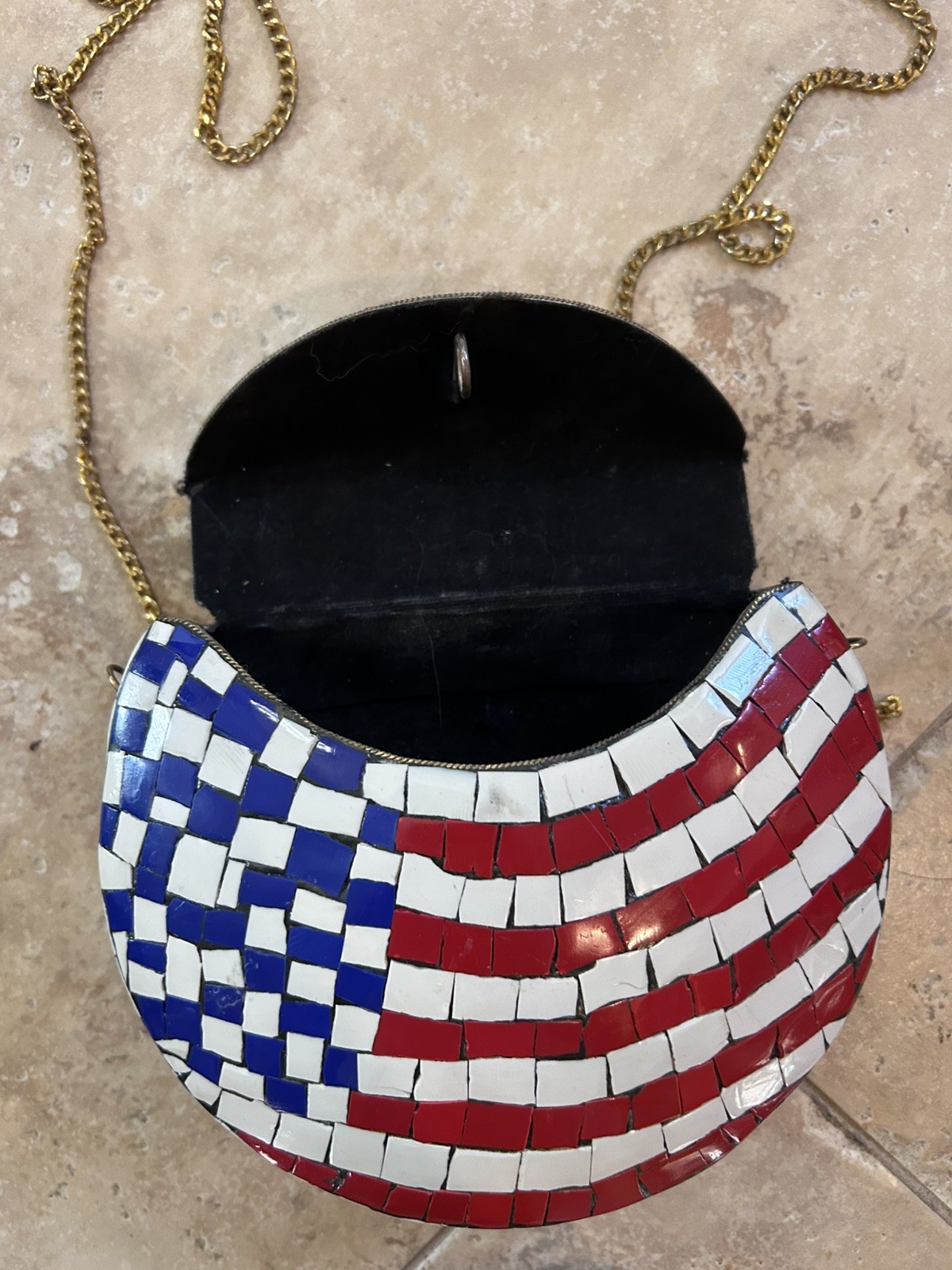 Mosaic Stone Chip Purse on Brass Metal Small American Flag Americana Patriotic