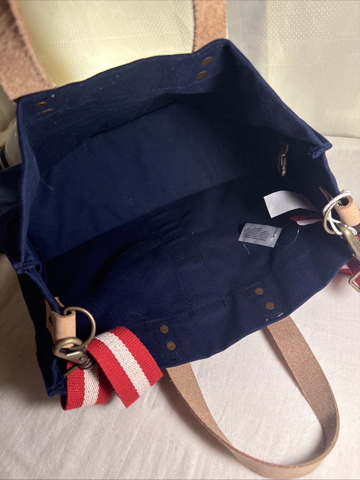 NWT: Shorebags Mini Box Tote Bag Navy with Red/Cream Stripe Strap