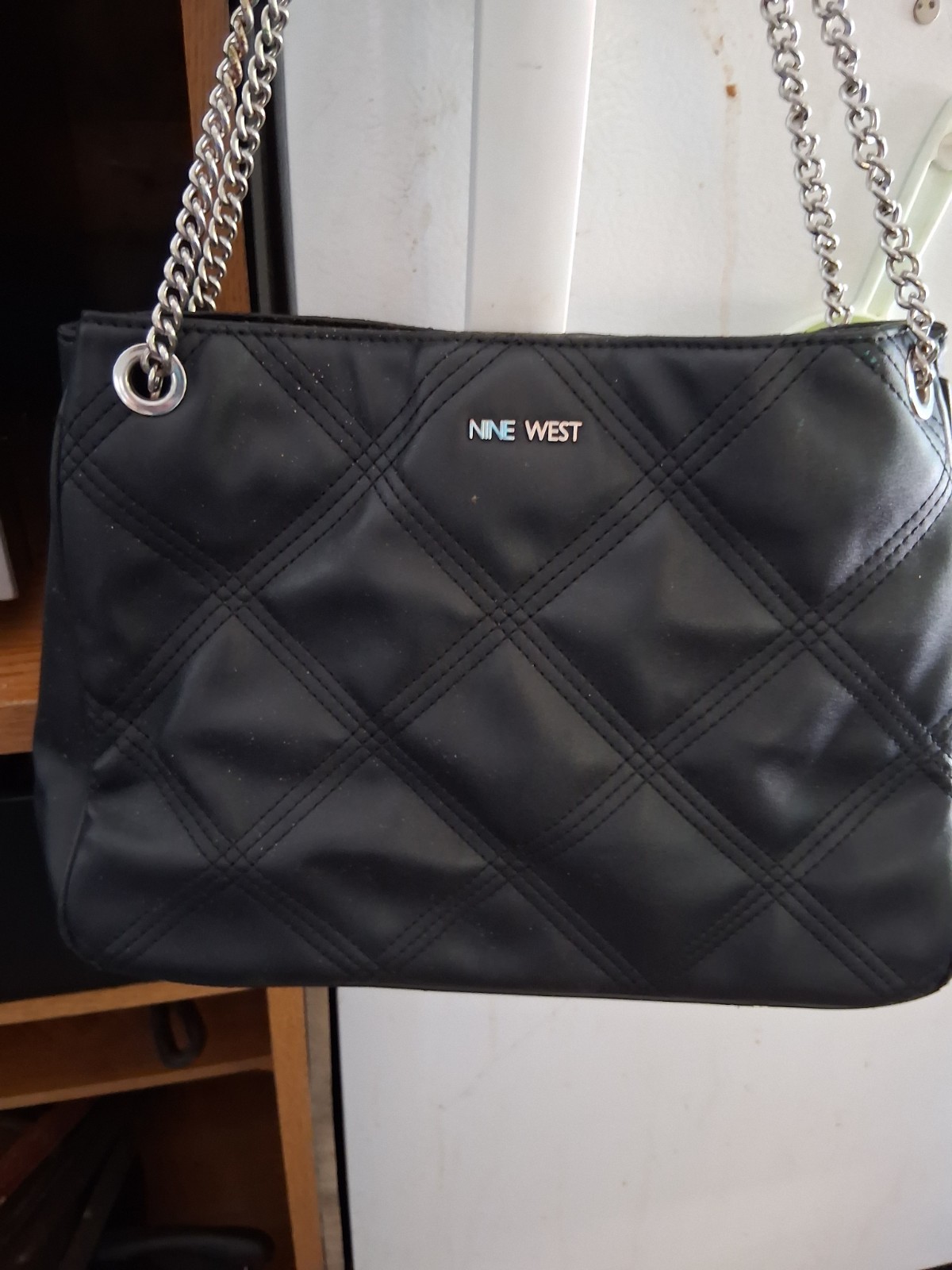 Nine West Women’s Black Quilted Shoulder Bag Silver Chain Strap Magnetic Closure