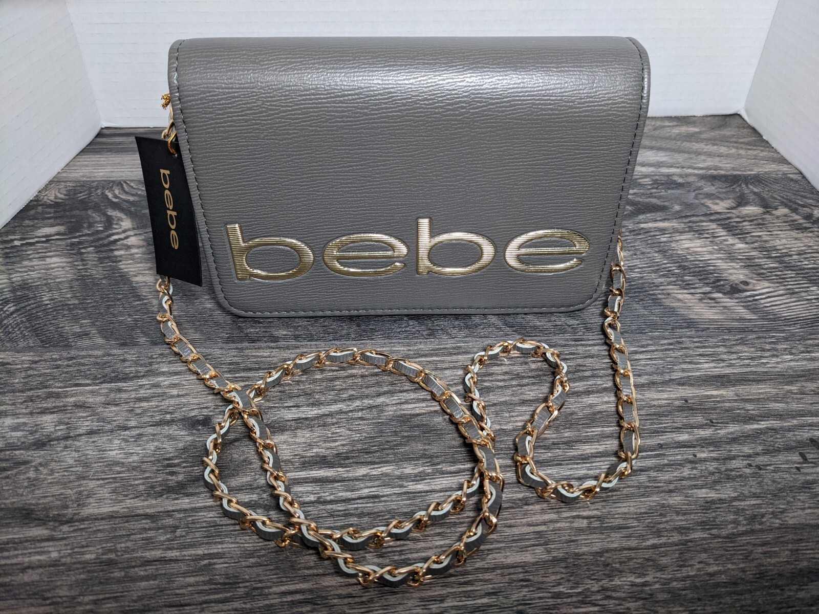 Bebe Fabiola Saffiano Gray Gold Crossbody Purse Mini Shoulder Bag NWT MSRP $69