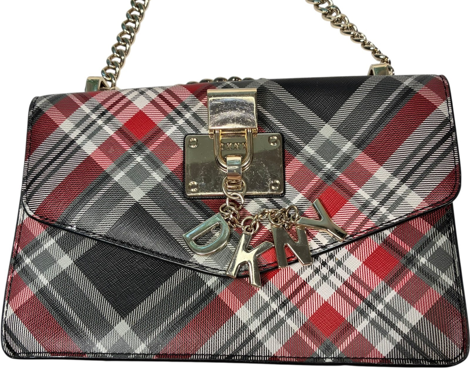 DKNY Elissa Red/Black Plaid Small Shoulder Bag Gold Chain Strap 8.5 x 7 in