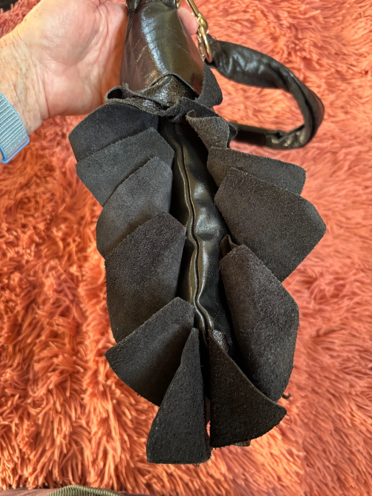 Sabrina New York Y2K Black Genuine Leather Ruffle Hobo Shoulder Bag