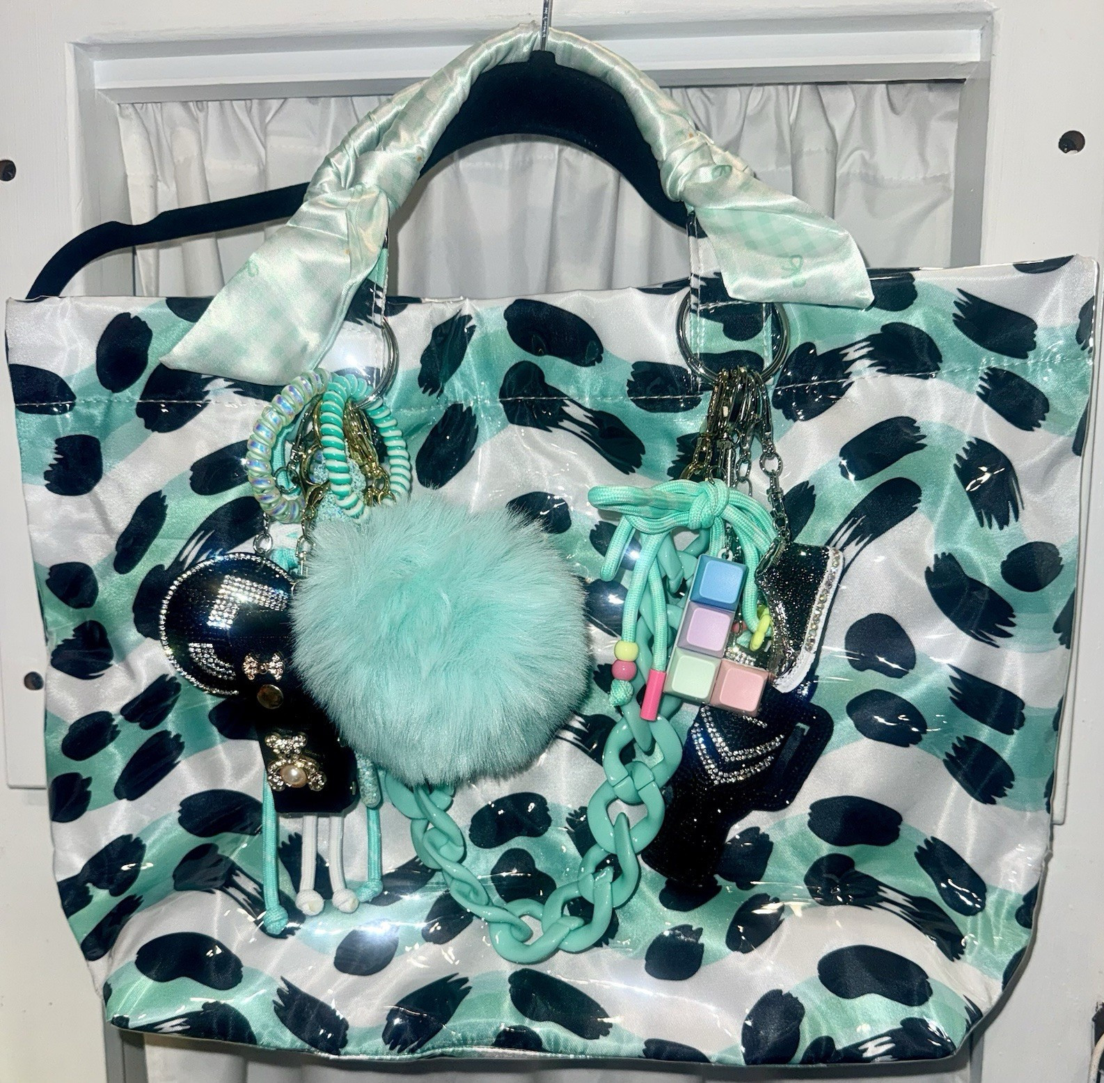 Mint Green/White/Black Animal Print Vinyl Tote bag adorned with charms! 🖤🤍