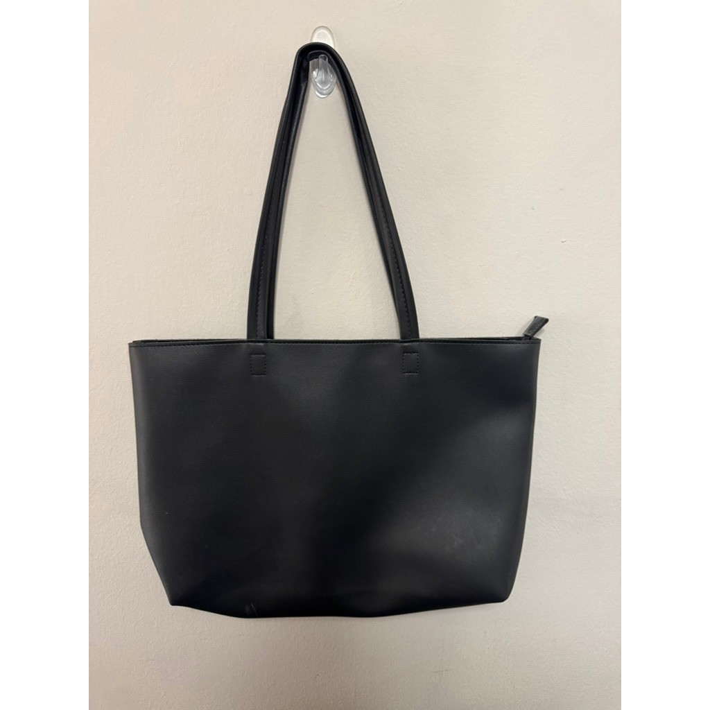 Black Faux Leather Tote Bag Zip Top Work Purse Minimalist Shopper Office Purse