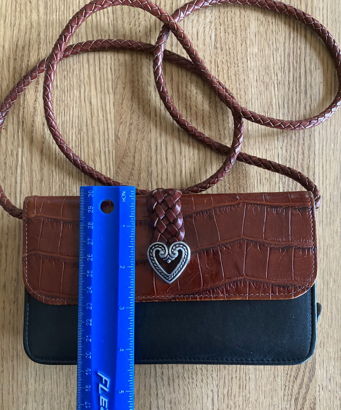 Brighton Black Brown Embossed Leather Flap Snap Zip Crossbody Clutch Organizer