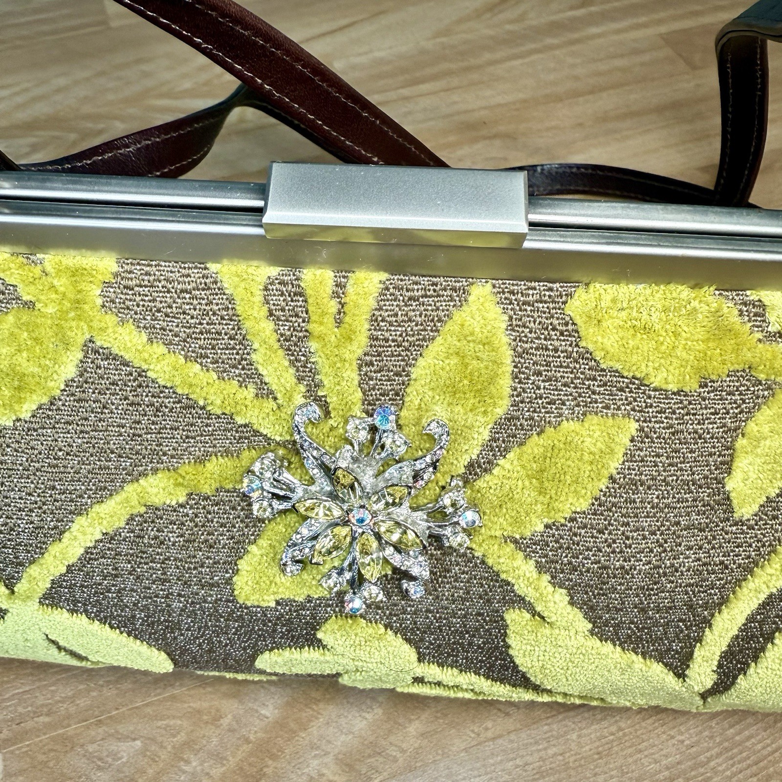 Glenda Gies Chenille Handbag Green Leaves Gray Clutch Brooch Leather Purse RETRO