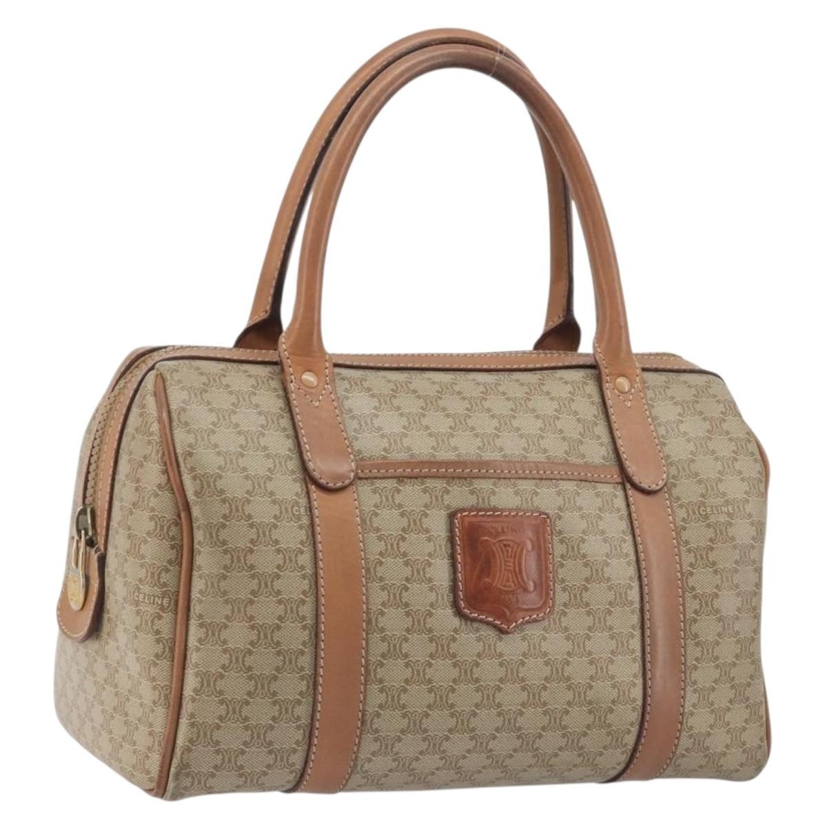 CELINE Macadam Boston Bag PVC Leather Beige Gold Tone Auth 196127