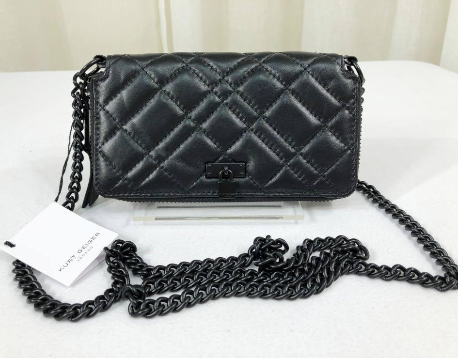NWT Kurt Geiger London Brixton Drench Leather/Chain Shoulder Crossbody Bag Black