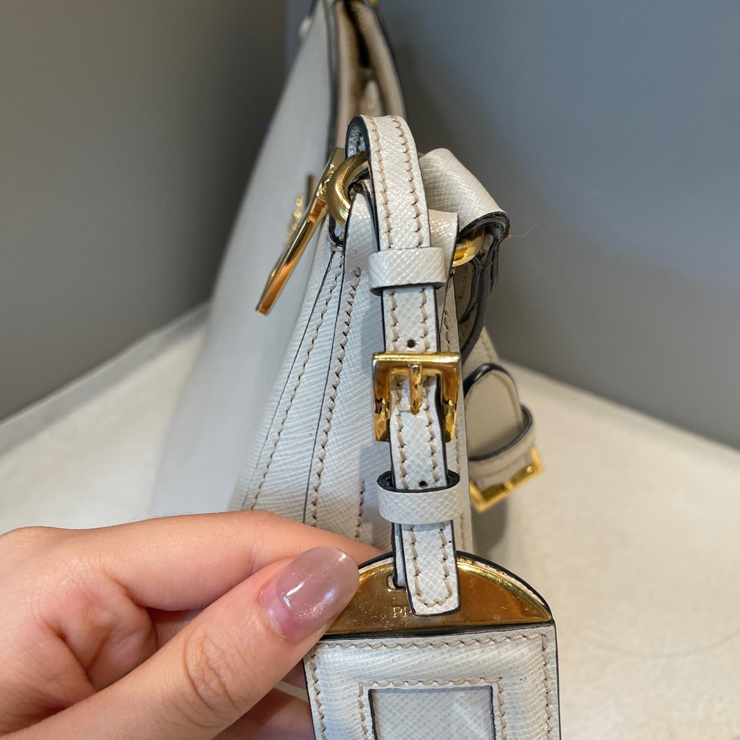 Prada Cleo White Gold Leather Shoulder Bag Pre-Owned