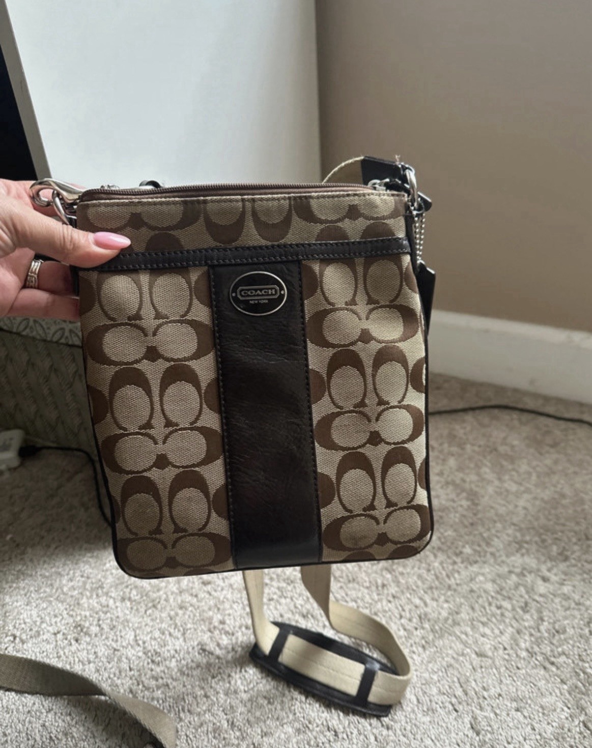 Coach Signature Logo Crossbody Bag Brown/Beige, Zip, Detachable Strap, Silver