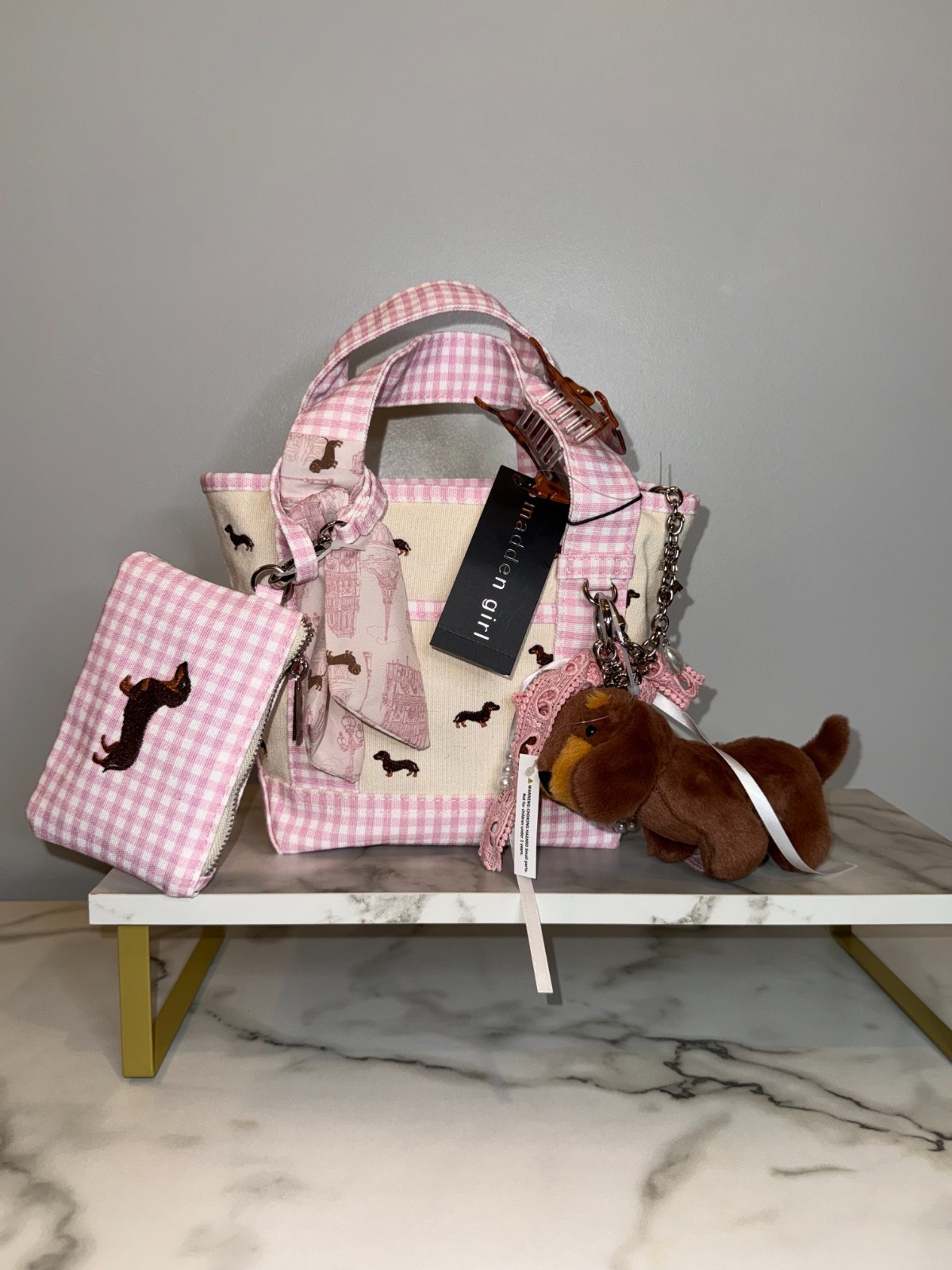 Madden Girl Pink Gingham Dachshund Canvas Tote Bag Set with Charms and Scarf NEW