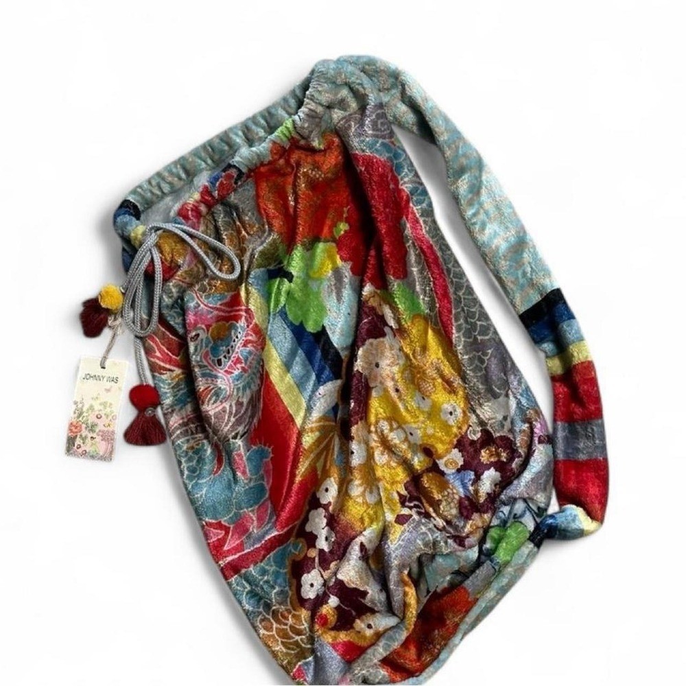 NWT $225 Johnny Was Blanket Boho Banana Bag Tie Closure Tassels Floral
