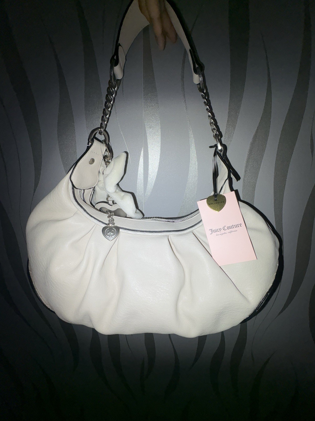 Juicy Couture Romance Hobo Bag Crystal Cream Shoulder Bag Bow Charms Viral NWT
