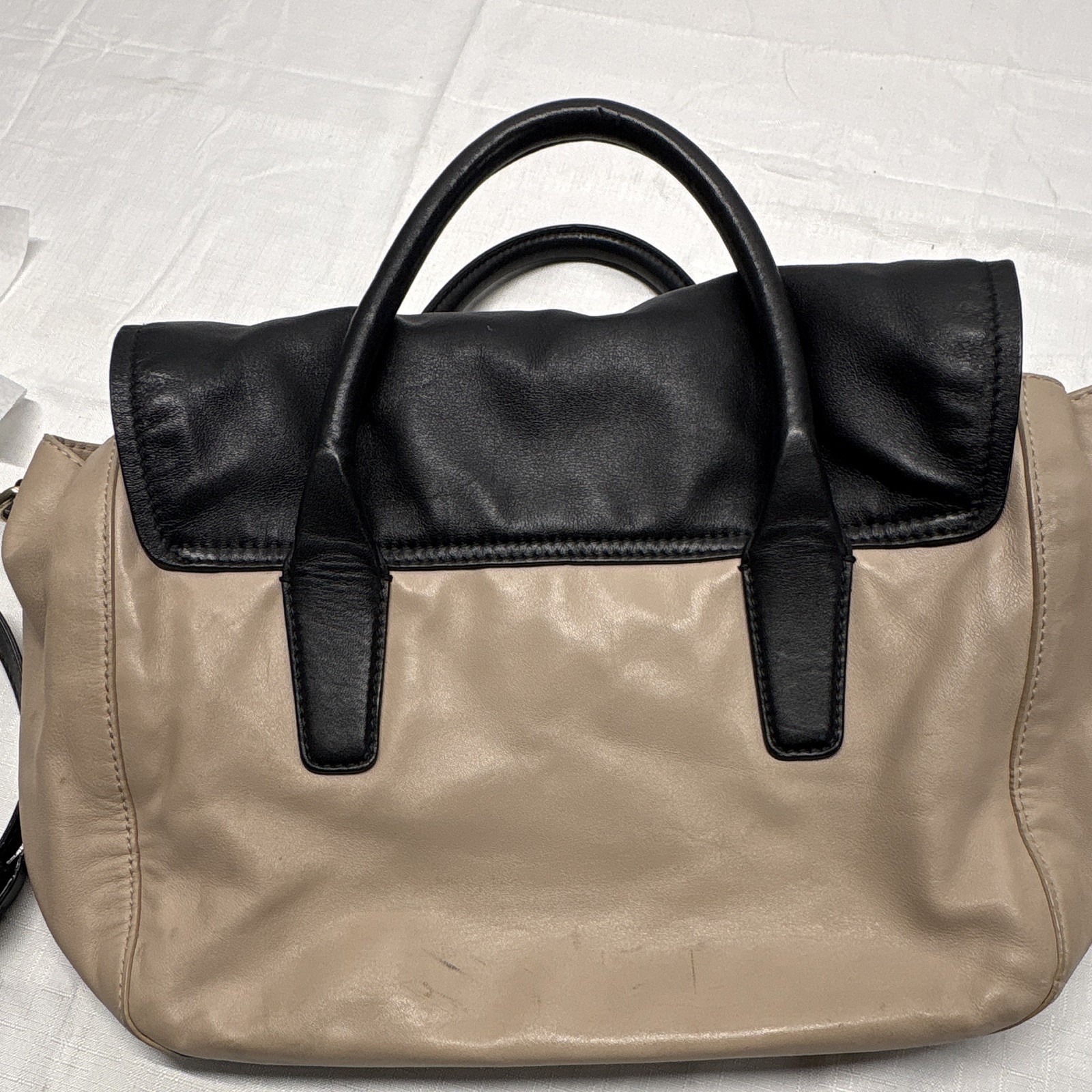 BOSS Hugo Boss Beige/Black Satchel Top Handle Detachable Strap Gold