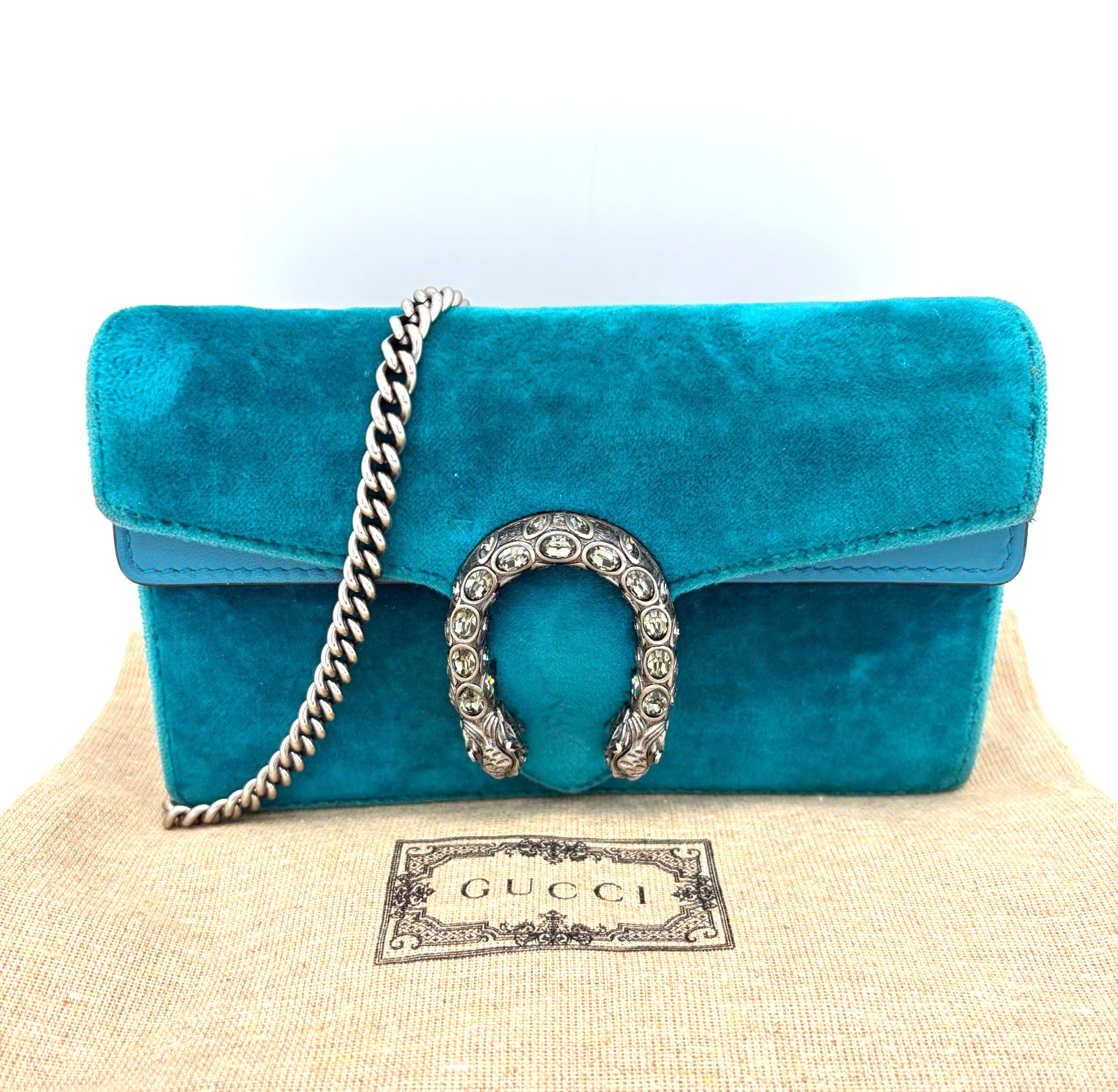 GUCCI Dionysus Velvet Super Mini Crossbody Bag Teal Shoulder Clutch Dust Bag