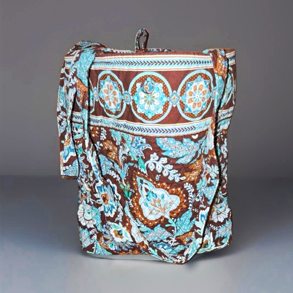 Vera Bradley Brown Blue White Floral Tote Bag Zip Top Inner Pockets Lined