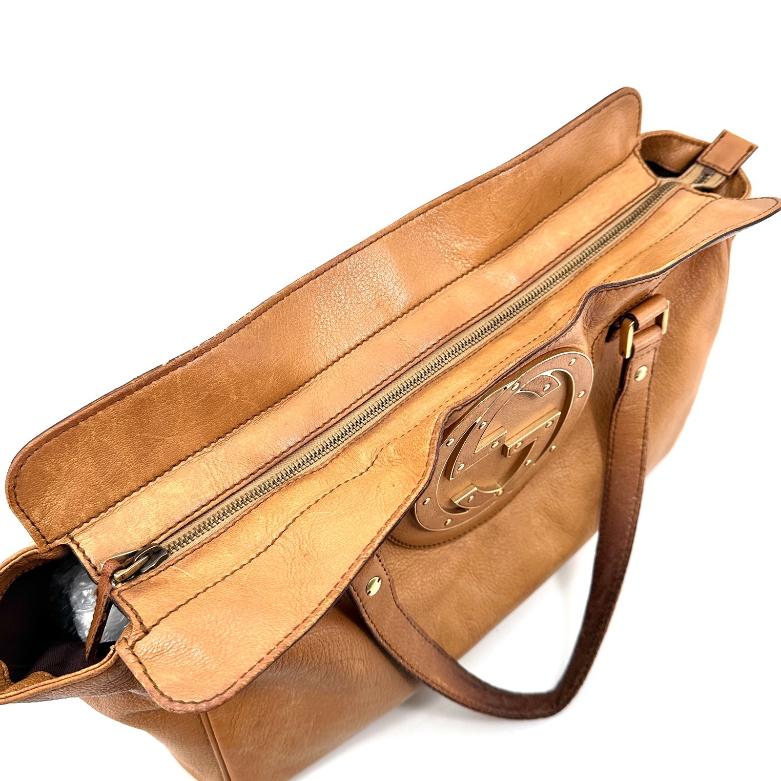 Gucci Interlocking G Blondie Studs Leather Hand Bag Beige Brown 121551 Authentic
