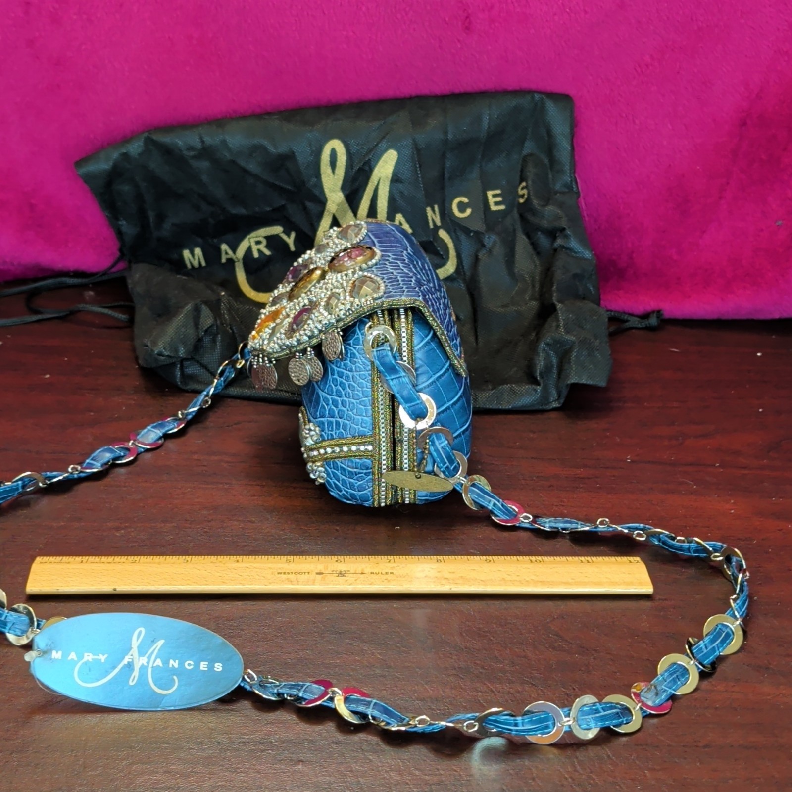 Mary Frances Blue Beaded Rhinestone Croc Embossed Crossbody Zip, Dust Bag