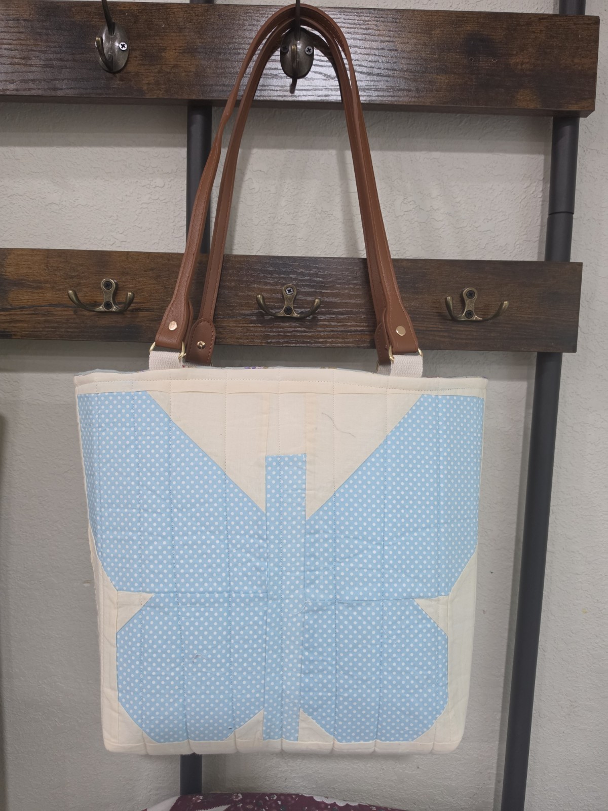 Patchwork Tote Bag Multicolor Floral Lined Blue Brown Leather Double Handles