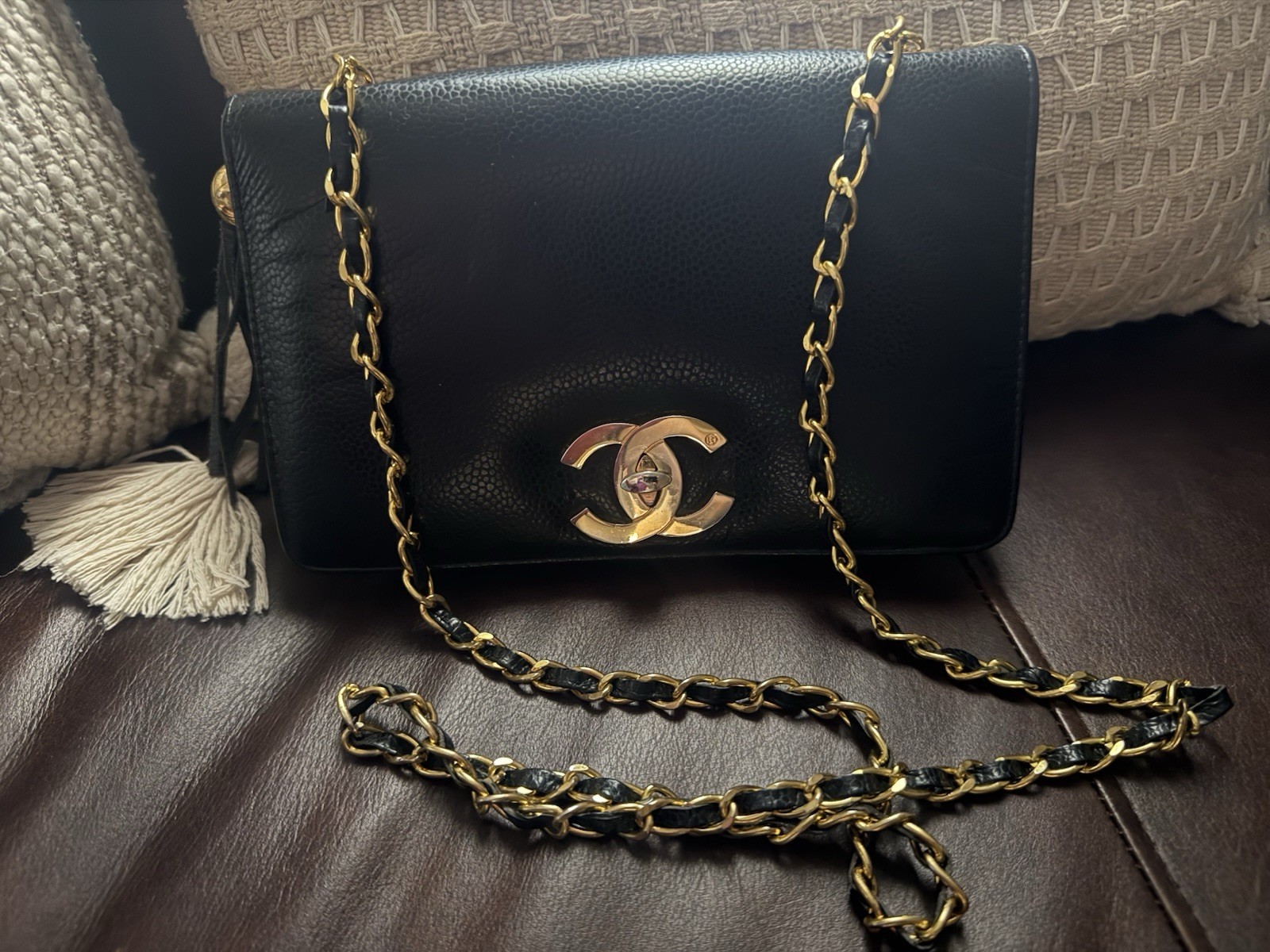 CHANEL Black Flap Shoulder Bag Chain Strap Gold Hardware CC Turn Lock
