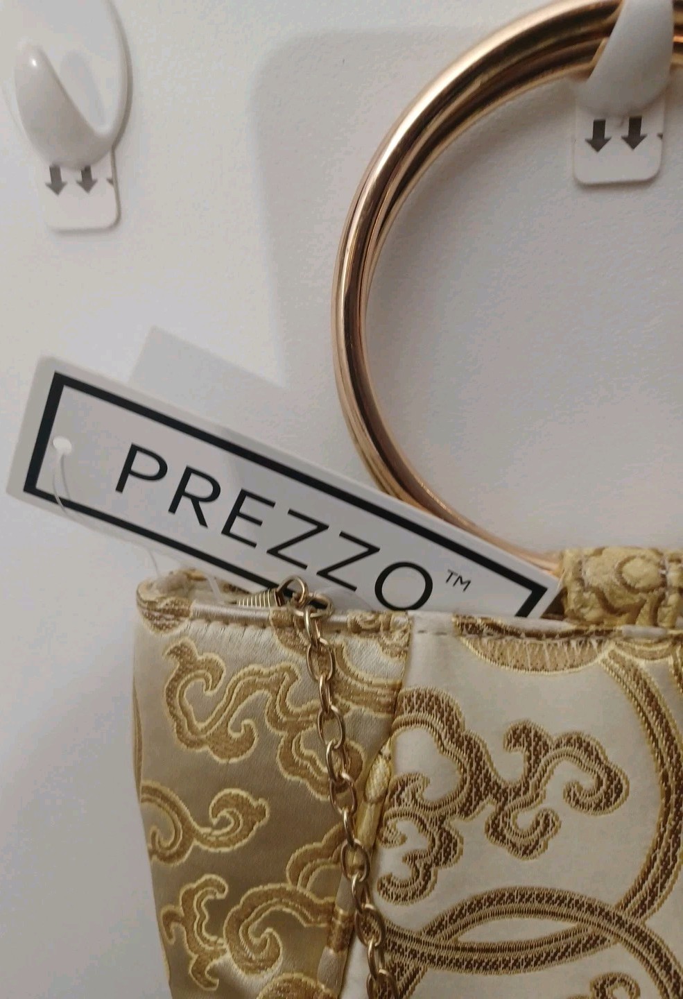 Prezzo Champagne Gold Tapestry Evening Handbag Round Handles Shoulder Chain NWT