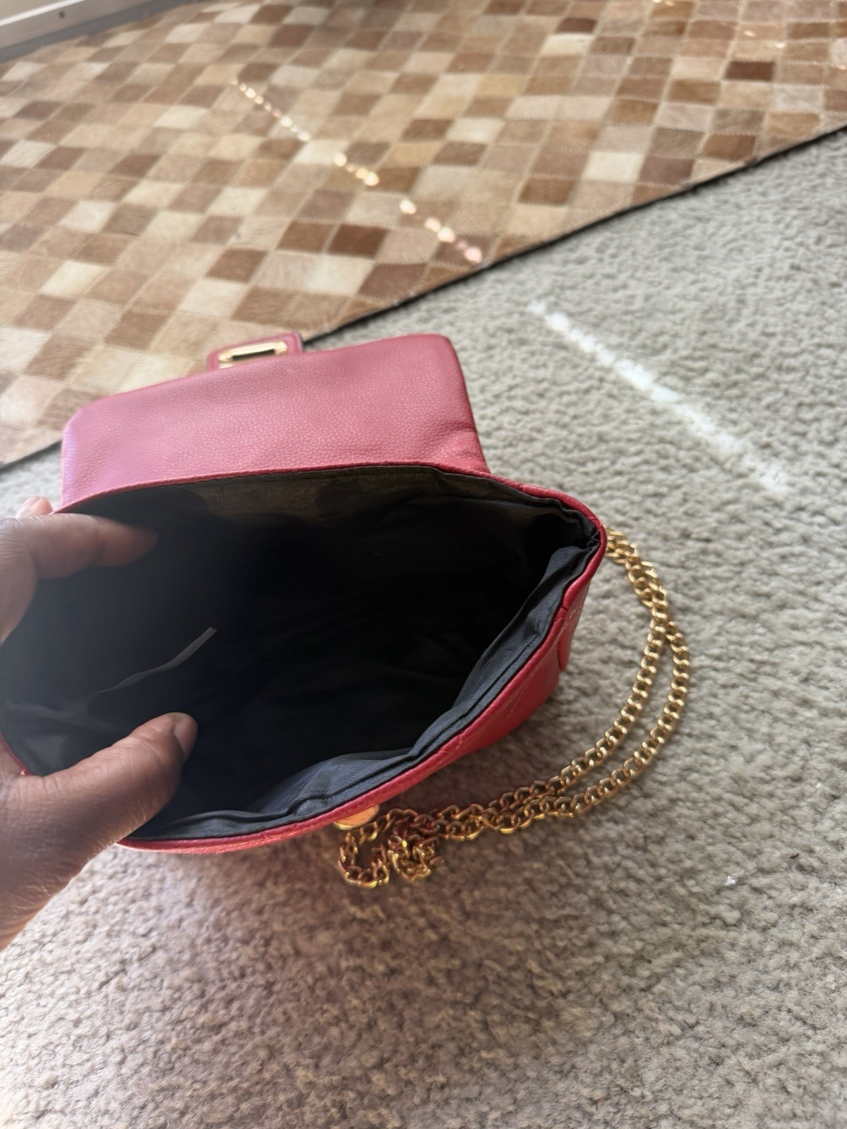 Stylish Faux Leather Red Quilted Crossbody Purse with Gold Chain Strap