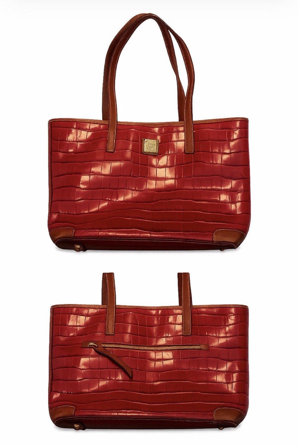 Dooney & Bourke Red Crocodile Embossed Tote, Zip Closure, Brown Handles