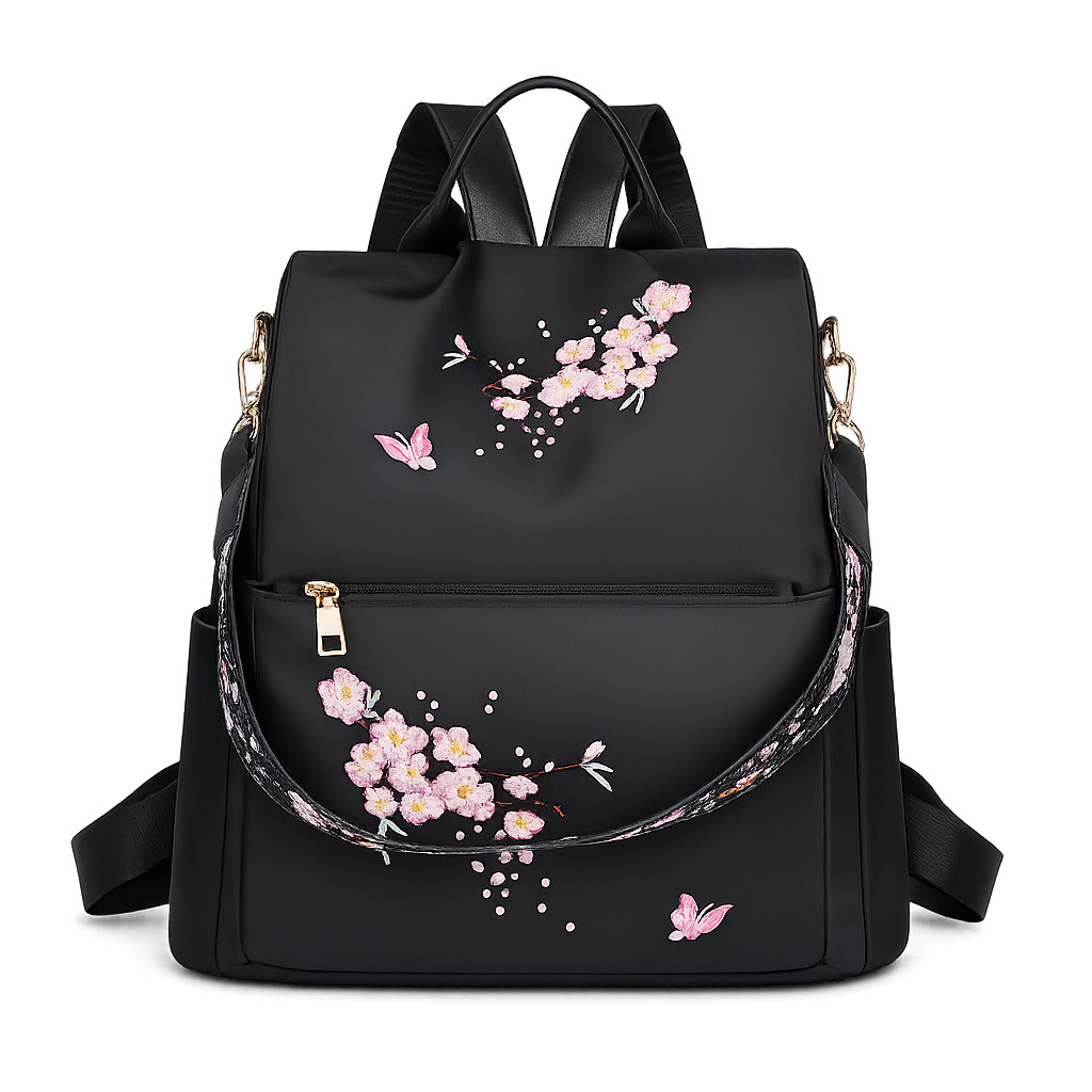 Women Cherry Blossom Embroidery Backpack Anti-Theft 2in1 Shoulder Bag Black