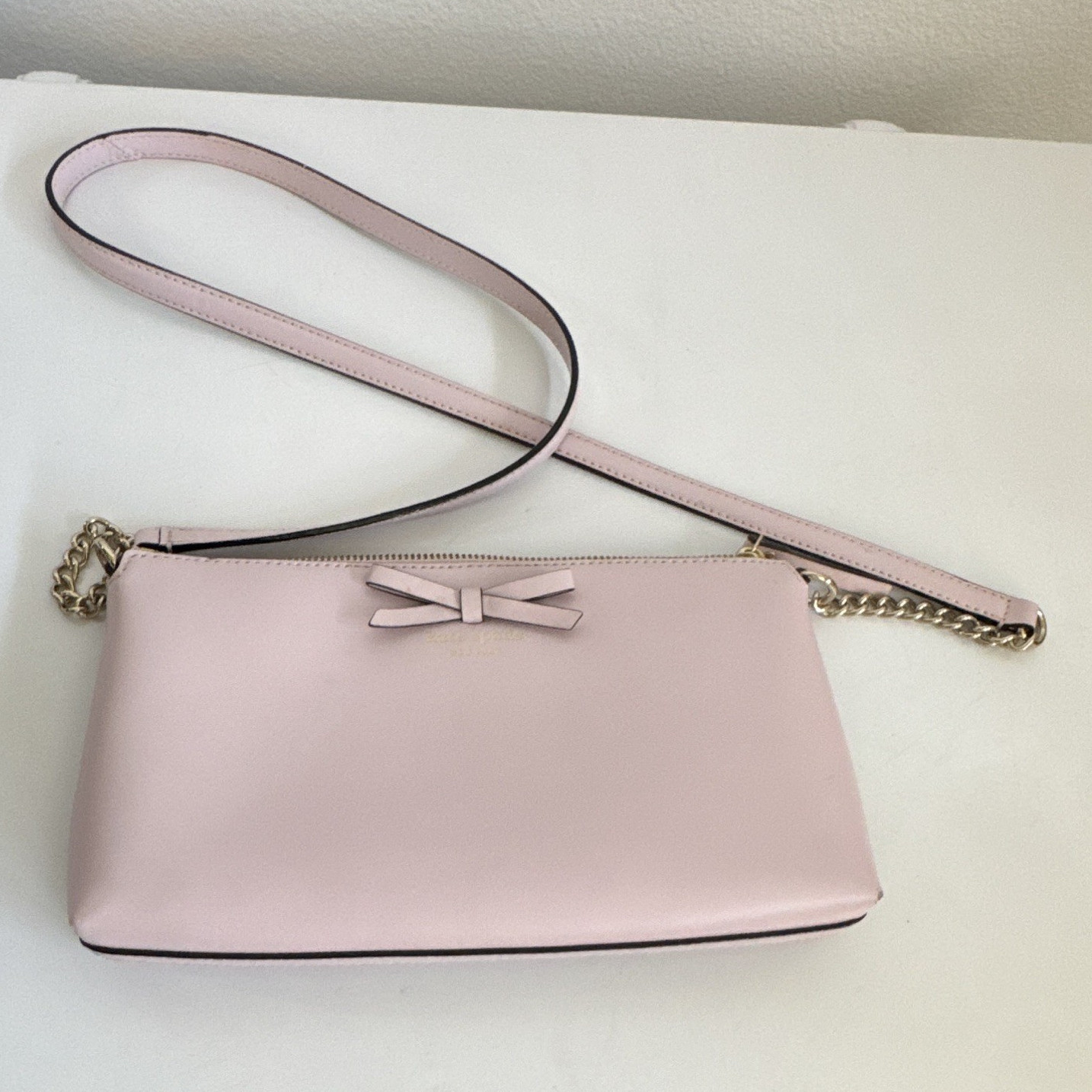 Kate Spade New York Pink Bow Crossbody Bag Zip Top, Detachable Strap, Gold
