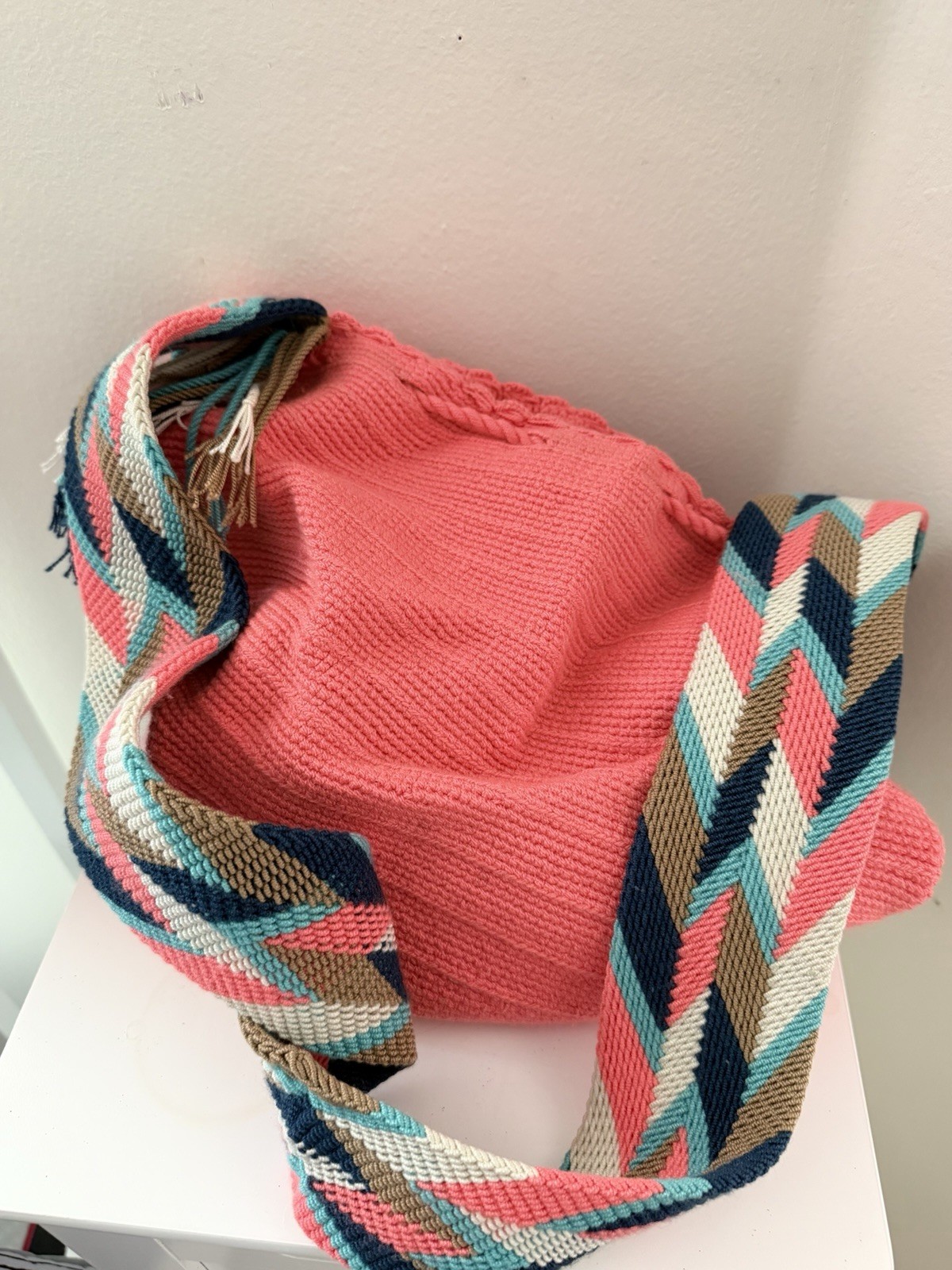 Colombian Wayuu Mochila Bag Solid Coral Pink Handmade Crochet Bucket Crossbo