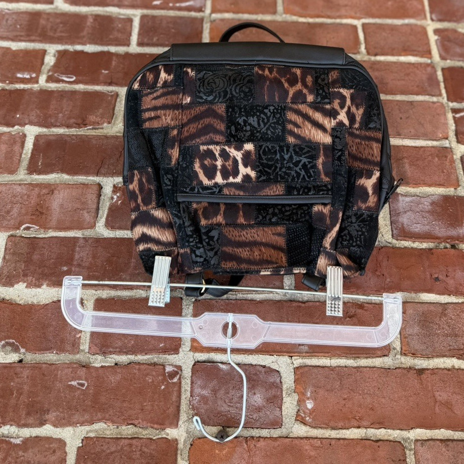 Black Satchel Top Handle Bag Animal Print Trim Zip/Snap Lined Inner Pockets