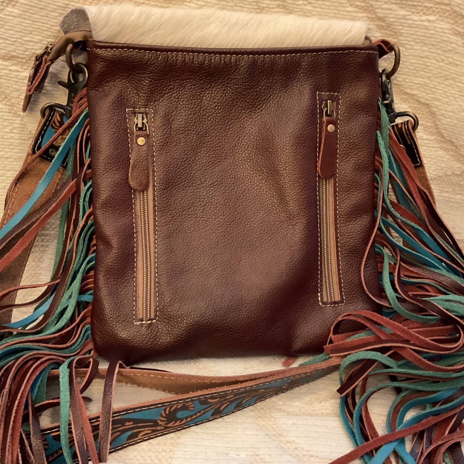 Myra Concealed Carry Leather & Hide Embossed Fringe Western Boho EUC