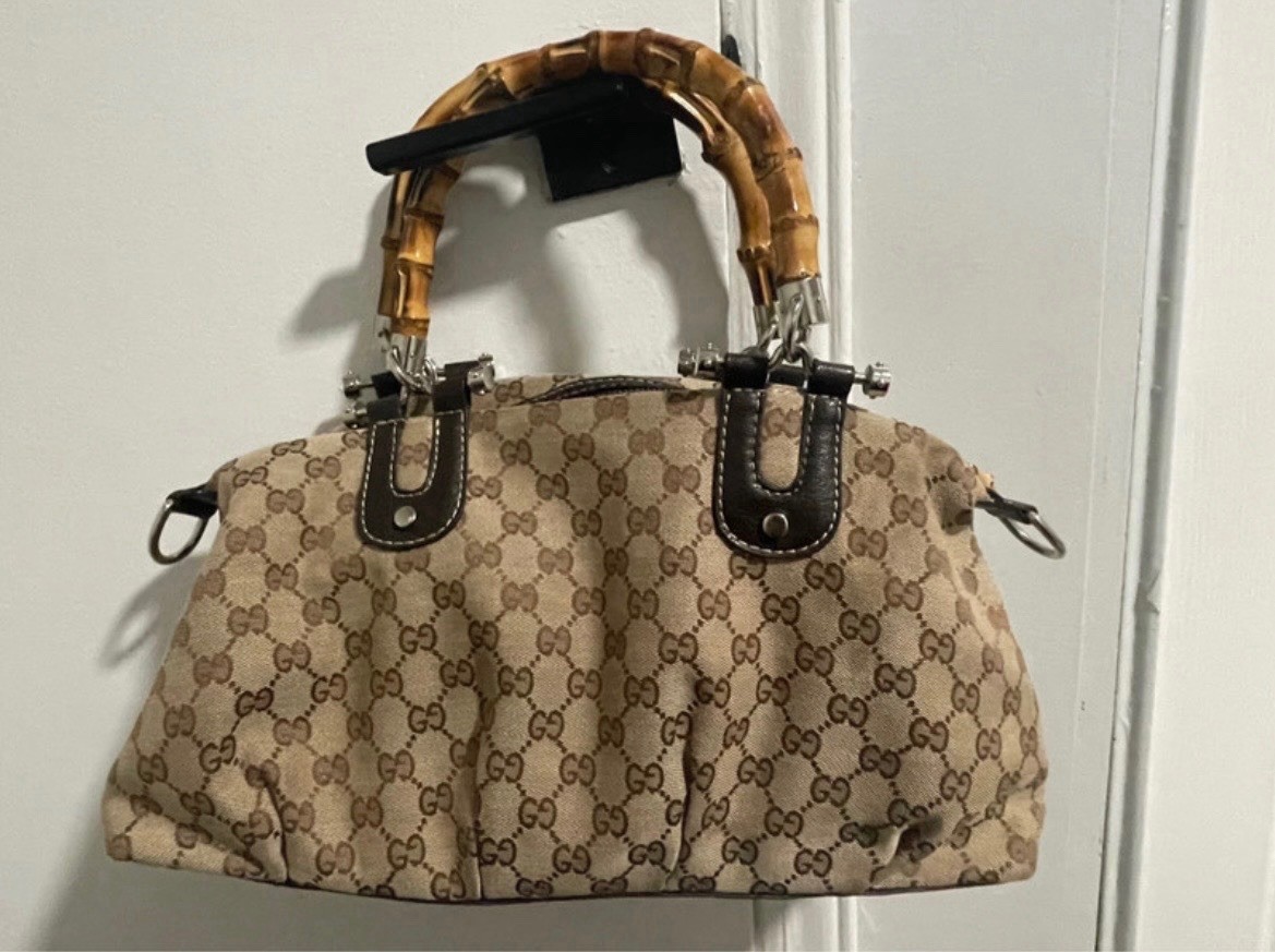 Gucci GG Pattern Bamboo Top Handle Satchel Beige Brown Zip Closure w/ Lock