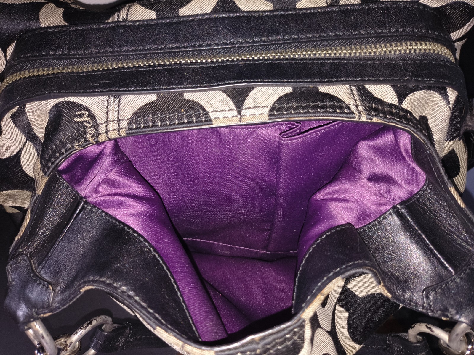 Coach Signature Logo Satchel Top Handle Bag Black/Gray Zip Purple Lining