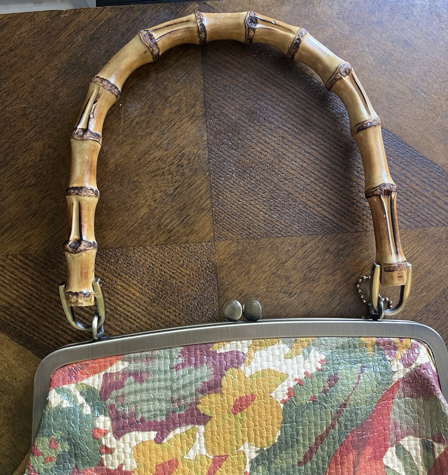 Patricia Nash Satchel Tropical Dreams Ozieri Wooden Handle Handbag Kiss Lock
