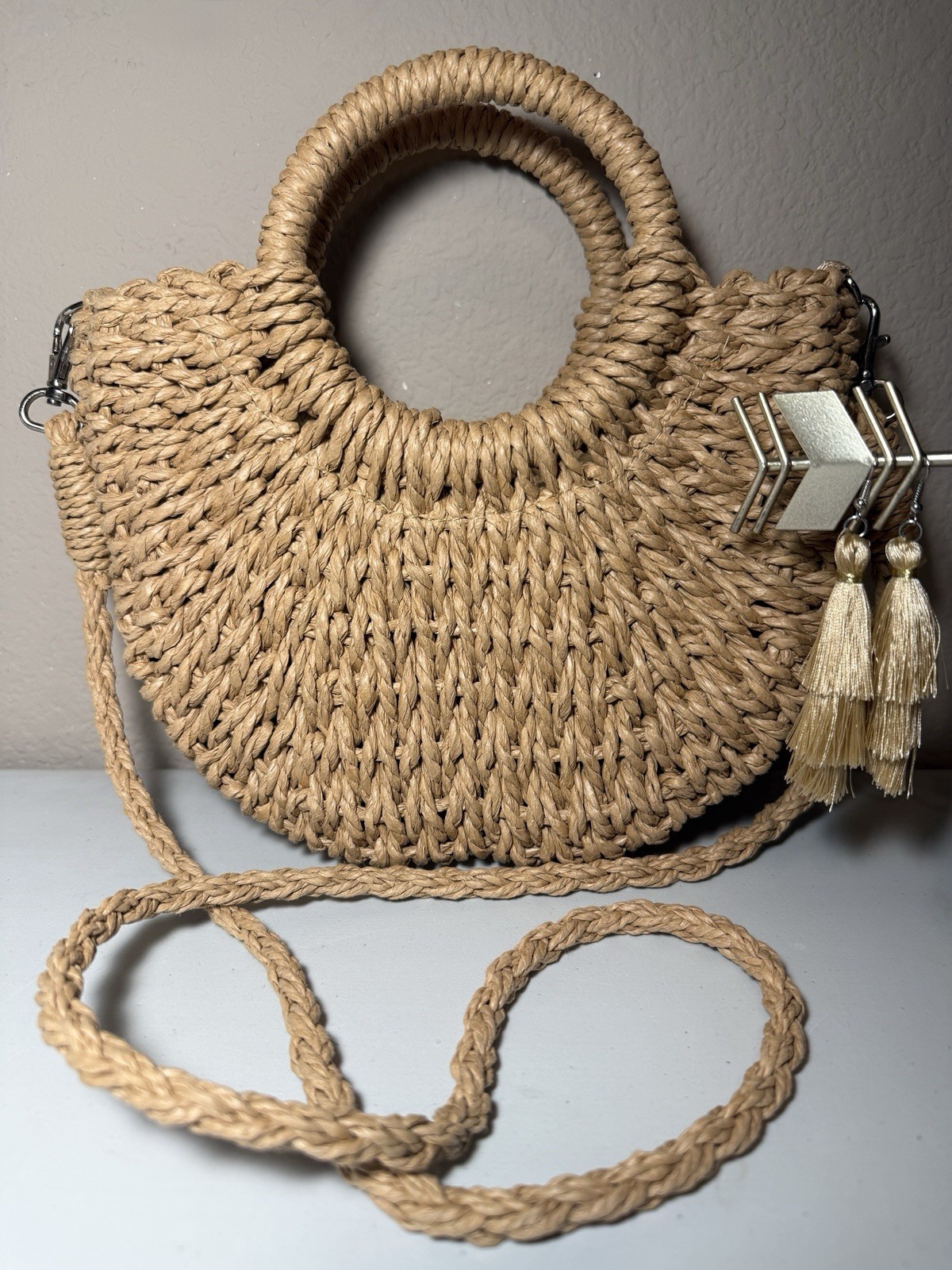 Straw Hobo Crossbody Beach Purse Weave with Three Pairs of Earrings Dream Stand