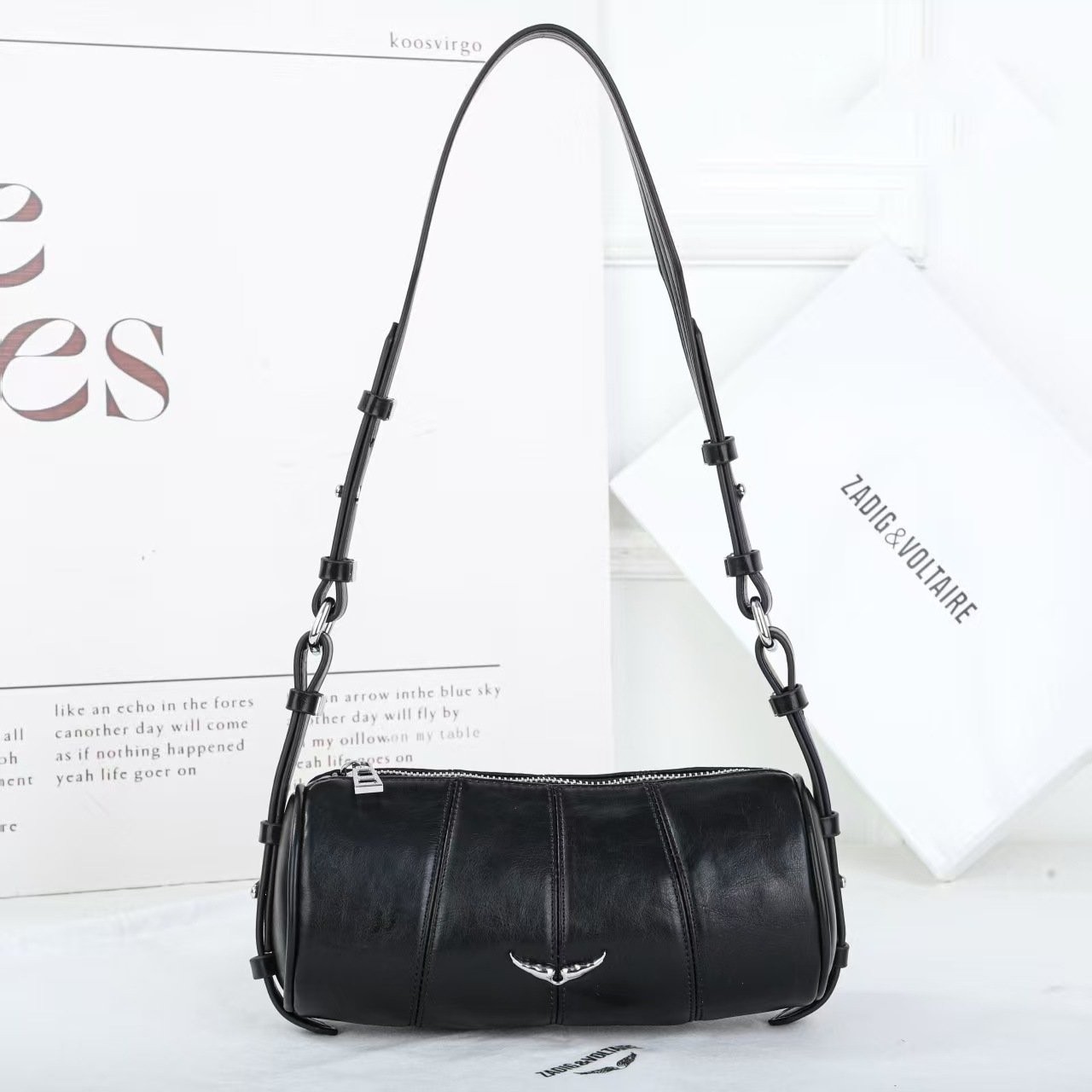 Zadig & Voltaire Black Leather Cylinder Shoulder Bag Adjustable Strap 22x9x9cm