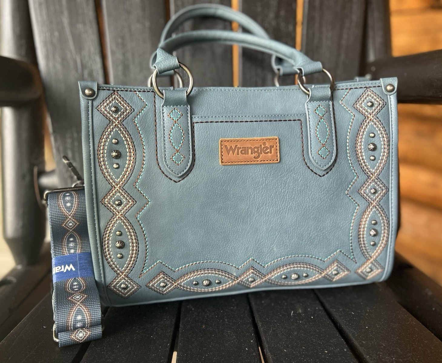 Wrangler Blue Western Studded Satchel Top Handle Bag w/ Detachable Strap