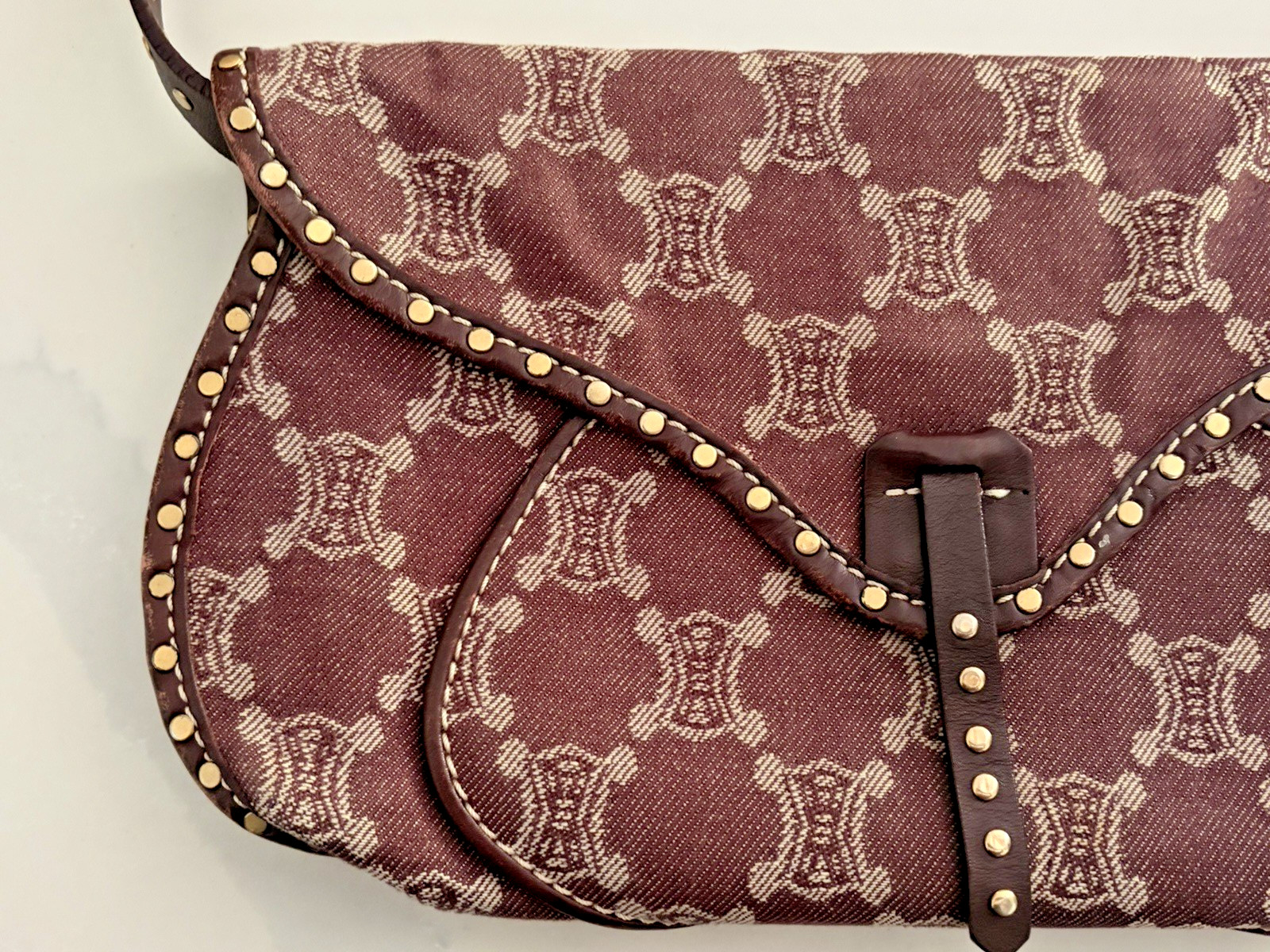 Celine Poulbot Triomphe Denim Studded Shoulder Bag Bordeaux Vintage Macadam Y2K