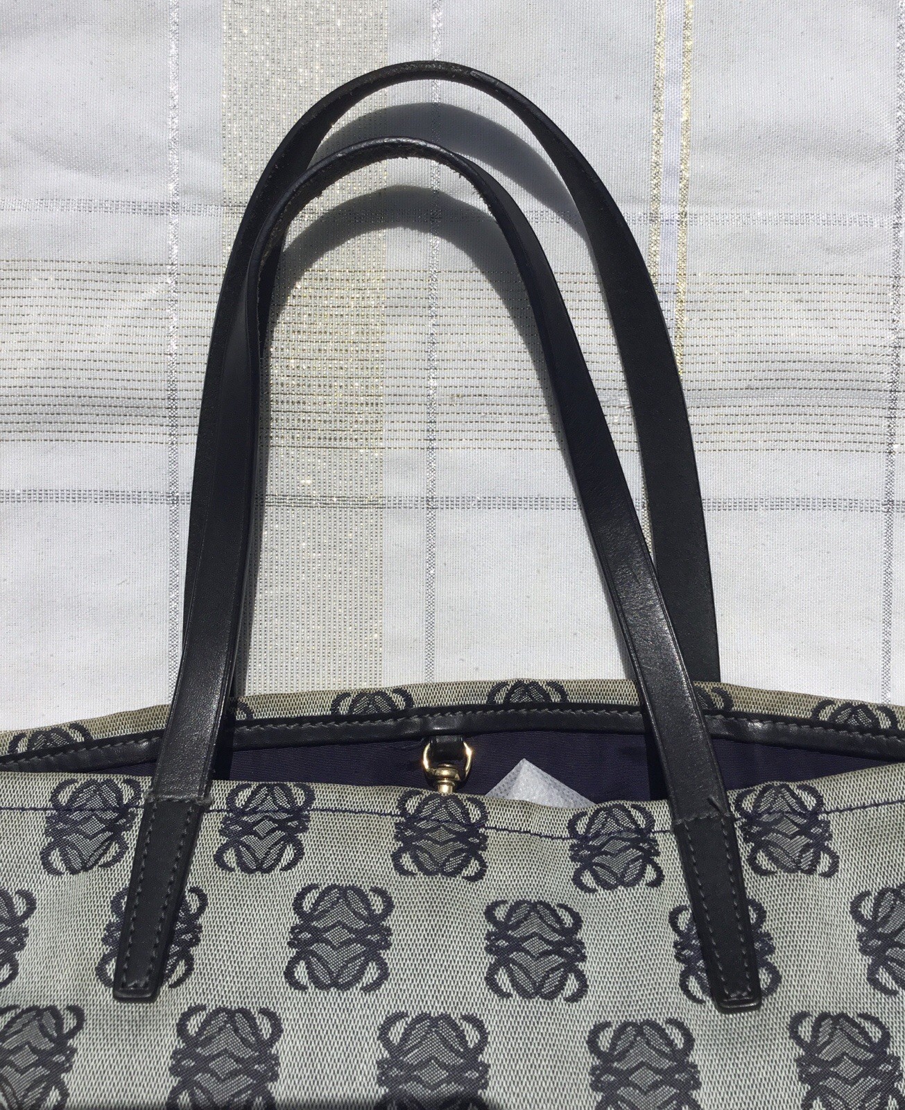 Loewe Anagram Patterned Canvas Tote With Navy Leather Handles Trim With COA