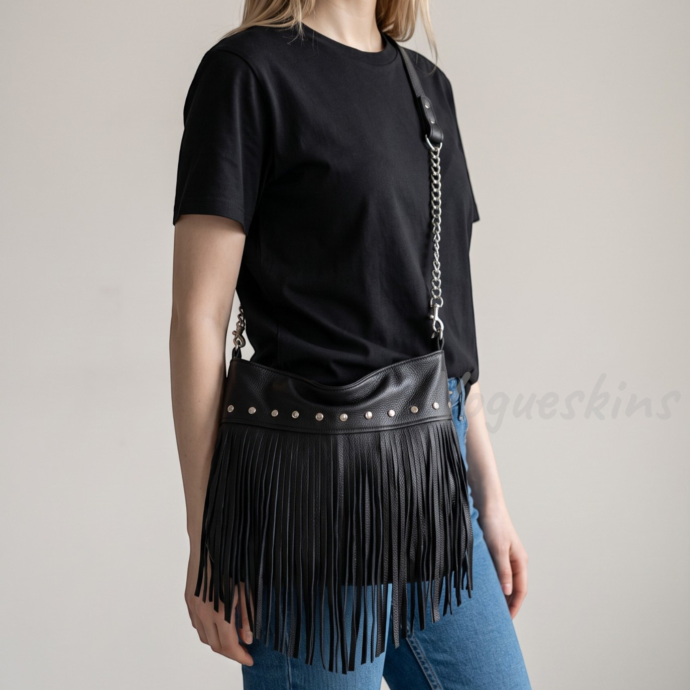 Black Leather Fringe Bag Studded Chain Strap Purse Boho Rocker Crossbody Bag