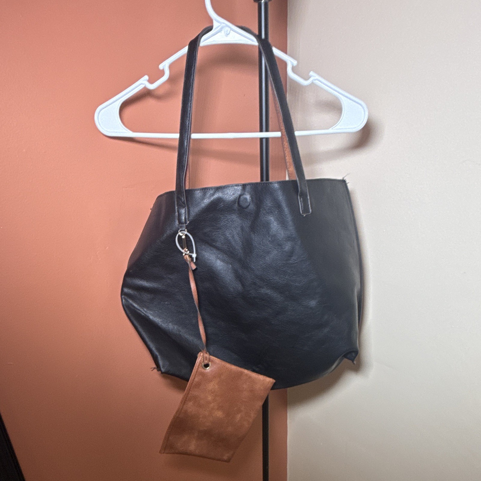 Women’s Black Solid Tote Handbag, Double Handles, Brown Pouch, Silver Hardware