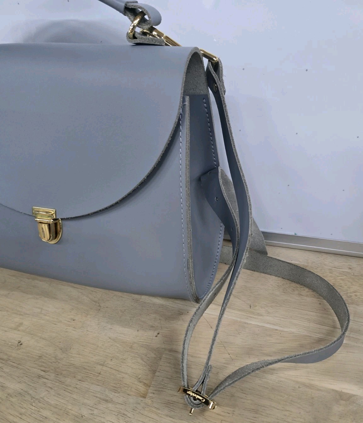 Cambridge Satchel Co. Blue Matte PushLock Purse Fixed Strap Branded Nickel