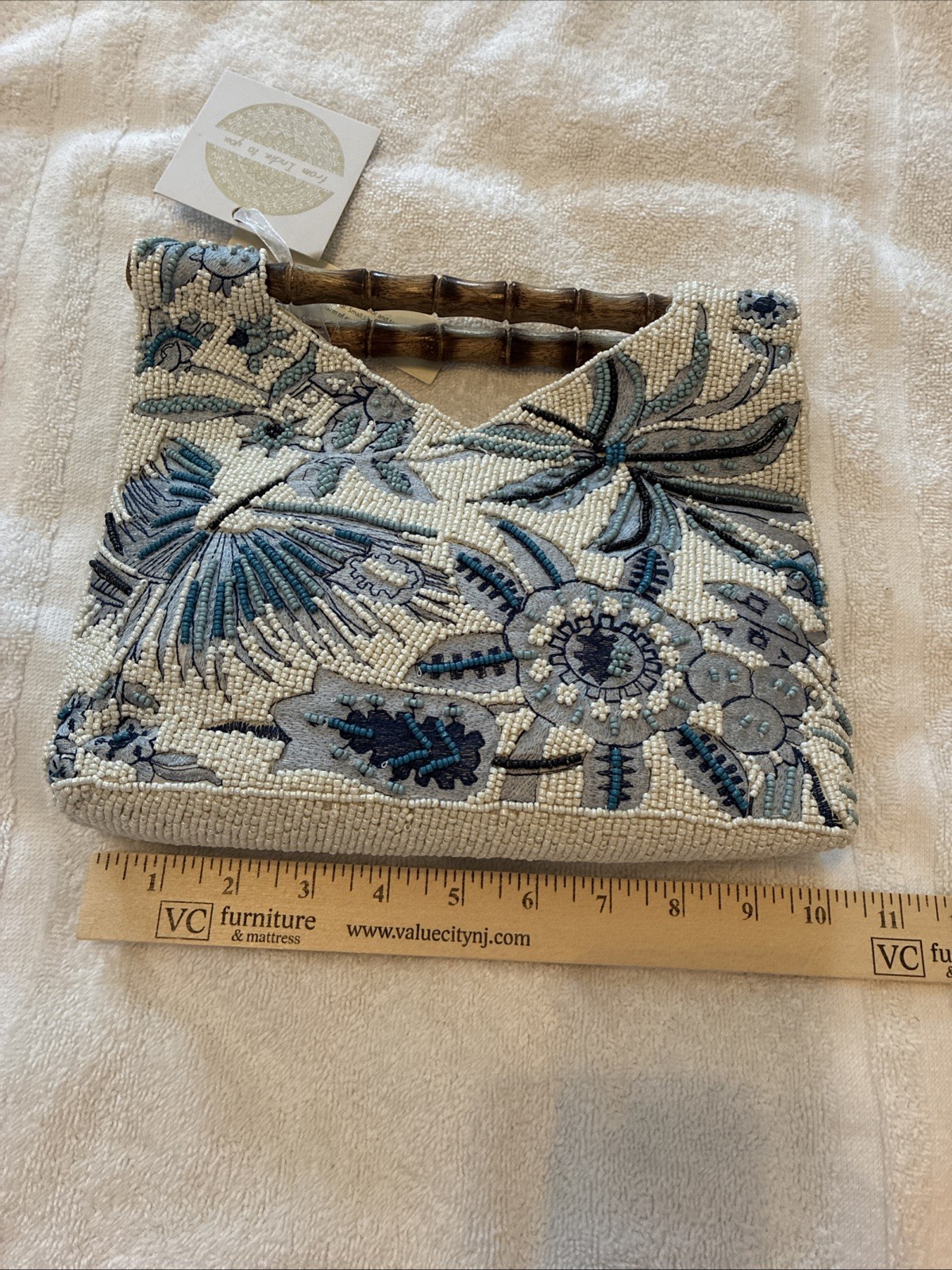 Viral Beaded Bag Clutch White Blue Floral With Bamboo Handle Handmade NWT