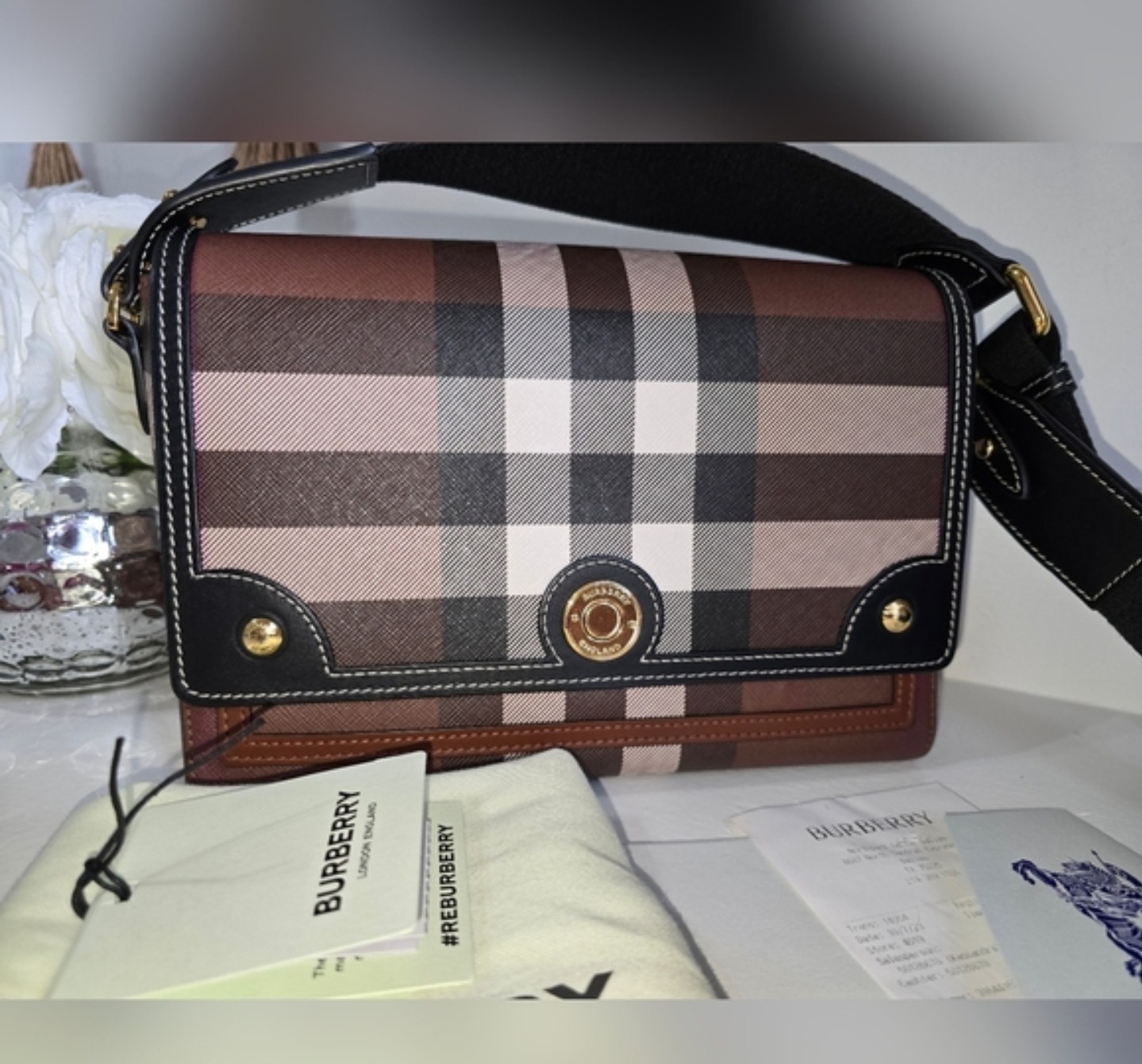 Burberry Dark Birch Brown Giant Check Crossbody note bag with Reciept 8071385